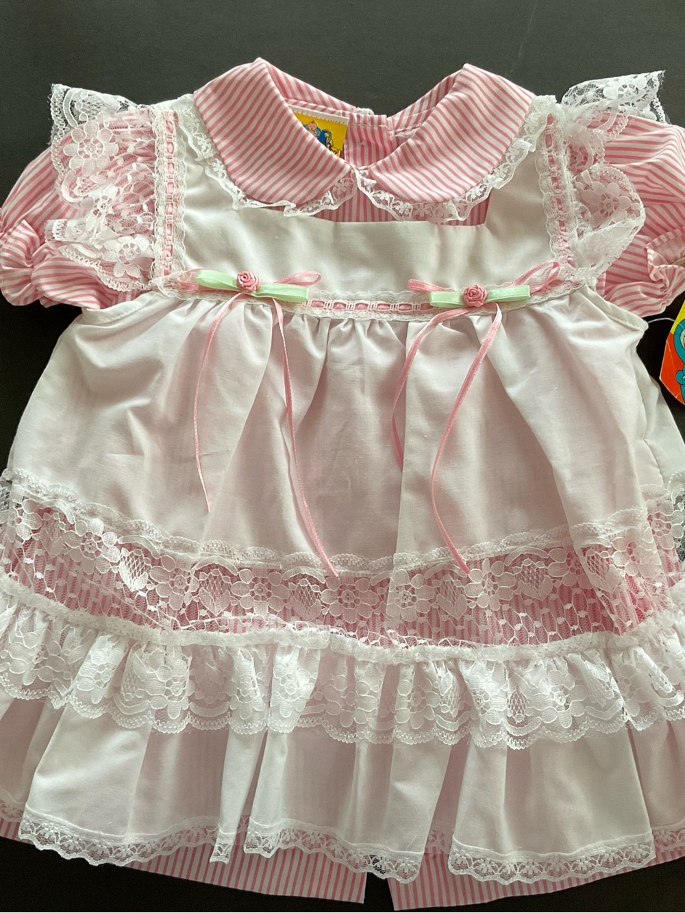 Vintage 2 Piece Striped Pink Lace Baby Dress with Ribbon Accents